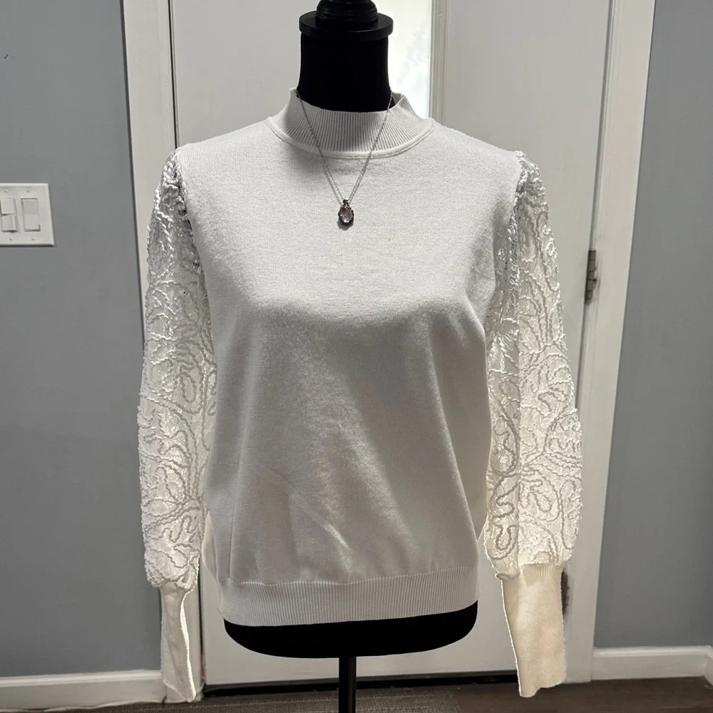 Nanette Lepore Ivory Lace Sleeve Hoodie
